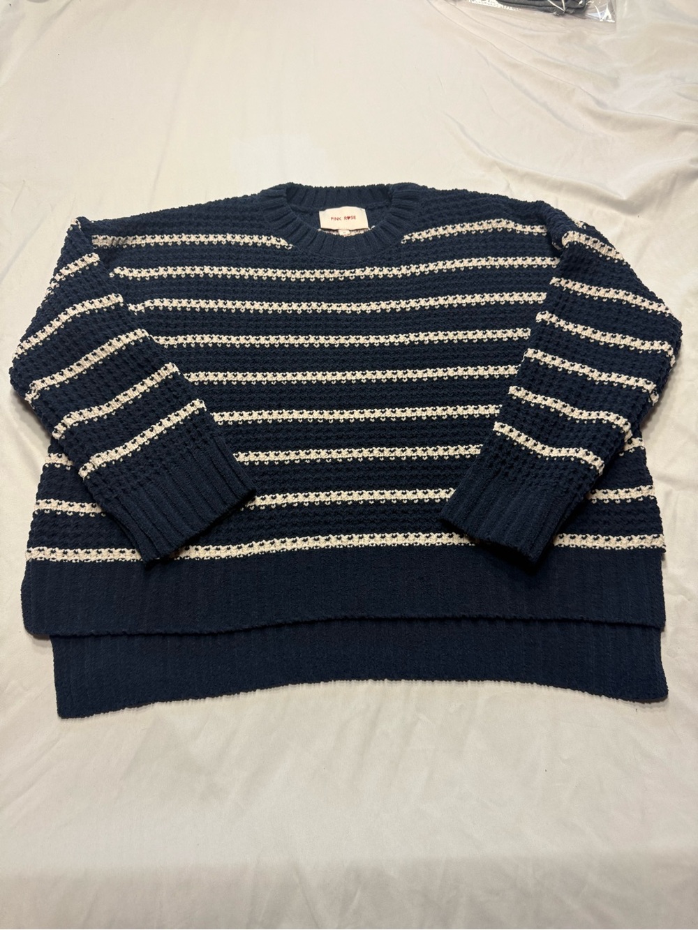Pink Rose Navy and White Striped Crewneck Sweater